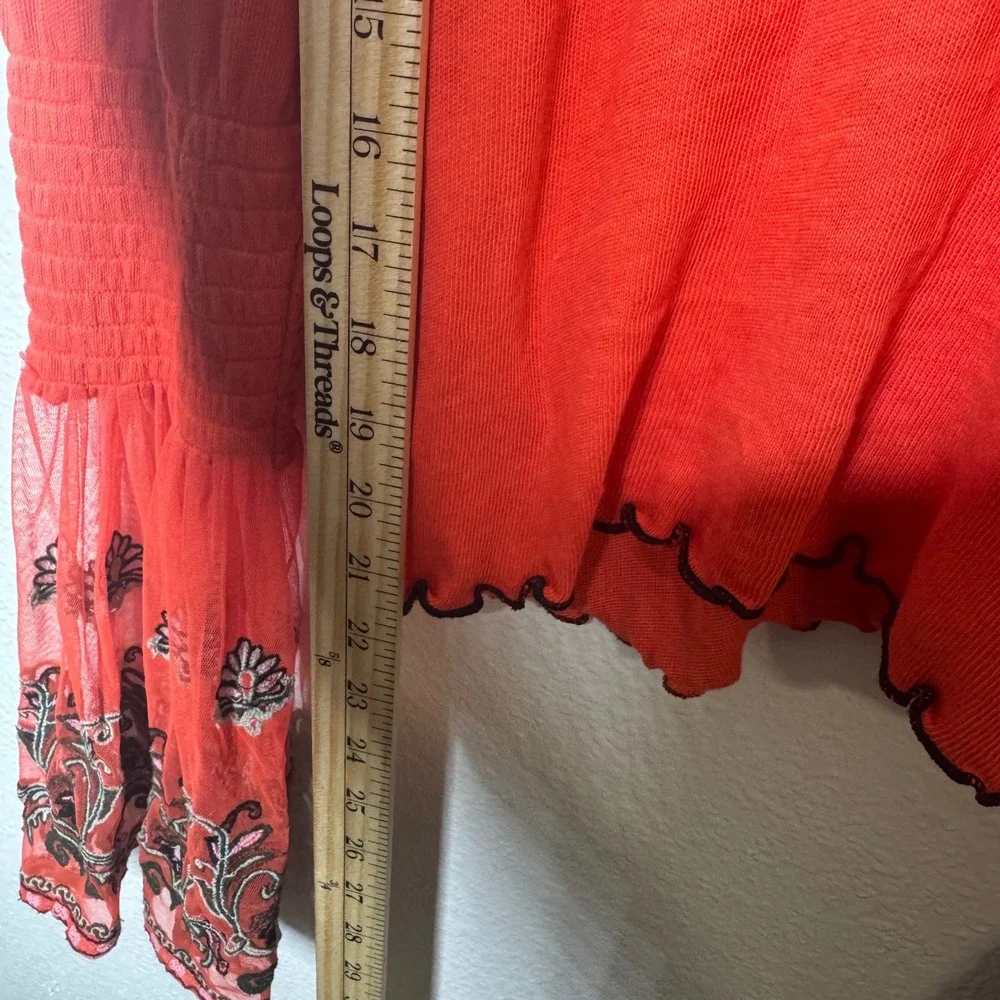 Free People Sheer Mesh Embroidered Bell Sleeve Top Coral Orange XS Boho Festival